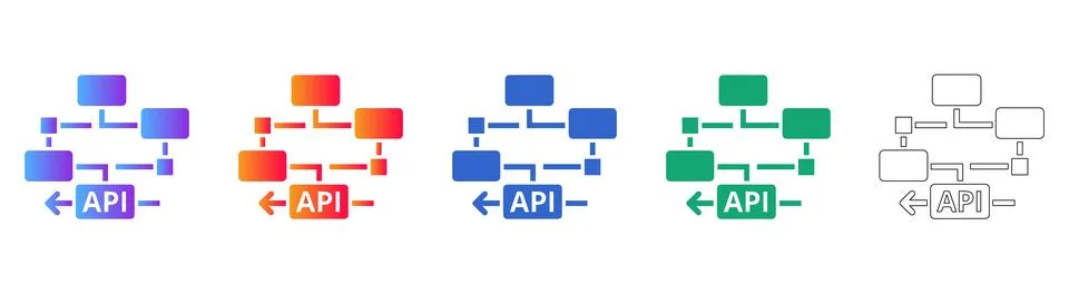 API Connection Flow Icons Set 스톡 일러스트