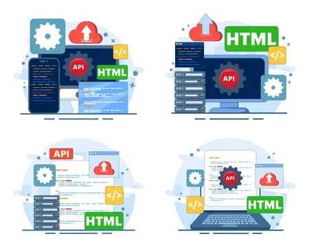 API development concept set featuring application programming interface 库存插图