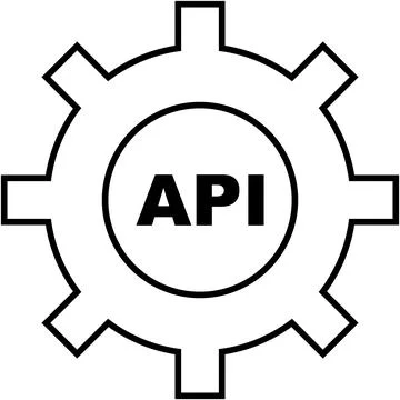 API gear sign, black outlined gear illustration with bold letters in the center. Illustrazione stock