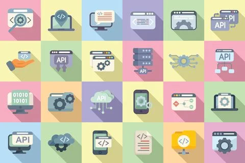 API icons set flat vector. Code develop Stock Illustration