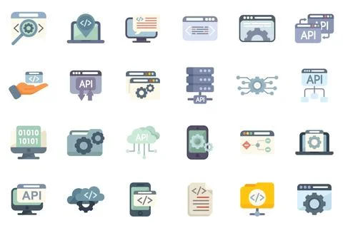 API icons set flat vector. Code develop Stock Illustration