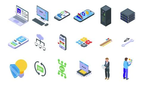 API icons set isometric vector. Computer develop code Stock Illustration