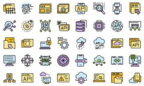 API icons set line color vector 스톡 일러스트