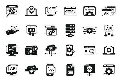 API icons set simple vector. Code develop Stock Illustration