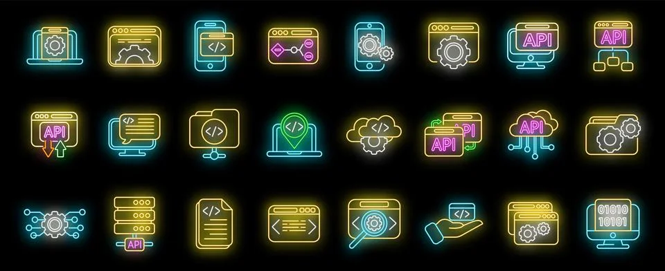 API icons set vector neon Stock Illustration