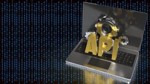 API Integration and Artificial Intelligence Technology Concept on Laptop 3d.. Stock Illustration