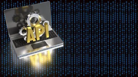 API Integration and Artificial Intelligence Technology Concept on Laptop 3d.. Illustrazione stock