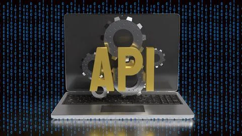 API Integration and Artificial Intelligence Technology Concept on Laptop 3d.. Stock Illustration