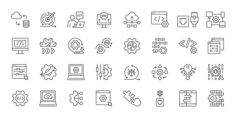 API Integration icons in line design. api, integration, connection, software 스톡 일러스트