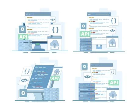 API integration set illustrating software communication Stock Illustration