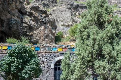 The apiary of the active cave monastery Geghard. Stock Photos