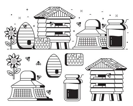 Apiary and Beekeeping Elements in Line Art Stock Illustration