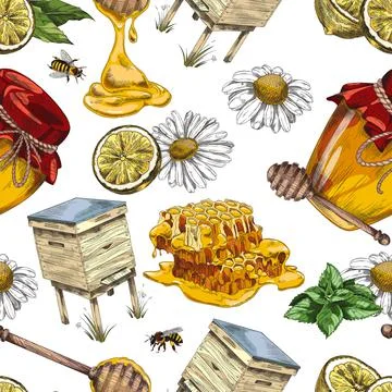 Apiary and beekeeping seamless pattern in colored sketch style - vector 스톡 일러스트