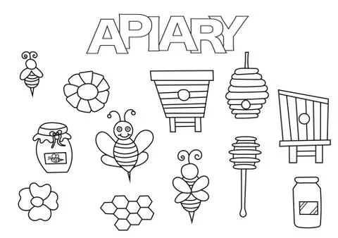 Apiary bees and honey elements hand drawn set. Coloring book template. Illustrazione stock