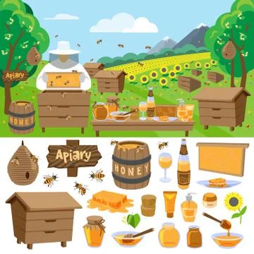 Apiary farm vector honey making icons illustration Stock Illustration