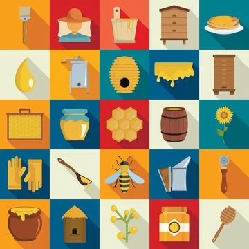 Apiary icons set, flat style Stock Illustration