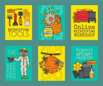 Apiary set of cards vector illustration. Beekeeping tools. Online beekeeping Ilustración de archivo