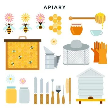 Apiary tools and equipment, set of icons. Everything for beekeeping. Vector Stock Illustration