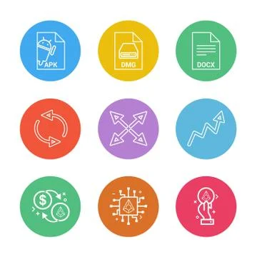 Apk , android,  dmg , apple , docx, docuument , reset , arrows , graph , doll Stock Illustration