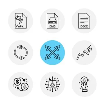 Apk , android,  dmg , apple , docx, docuument , reset , arrows , graph , doll Stock Illustration