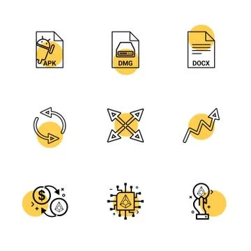 Apk , android,  dmg , apple , docx, docuument , reset , arrows , graph , doll Stock Illustration