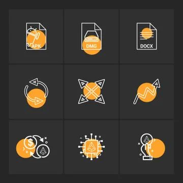 Apk , android,  dmg , apple , docx, docuument , reset , arrows , graph , doll Stock Illustration