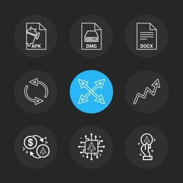 Apk , android,  dmg , apple , docx, docuument , reset , arrows , graph , doll Stock Illustration