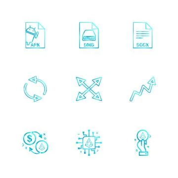 Apk , android,  dmg , apple , docx, docuument , reset , arrows , graph , doll Stock Illustration