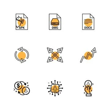 Apk , android,  dmg , apple , docx, docuument , reset , arrows , graph , doll Stock Illustration