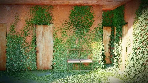 Apocalypse 3D Abandoned Rusty Hallway with Classic Bench and Climbing Plant Stock Footage 335689790