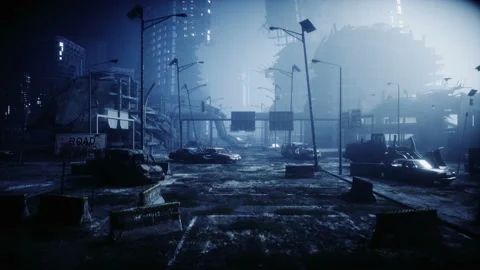 Apocalypse city in fog. Aerial View of the destroyed city. Apocalypse concept Stock Footage