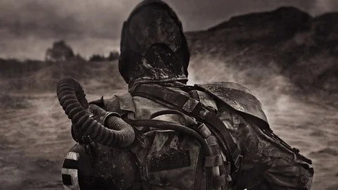Apocalypse. A lonely warrior wanders through the wasteland. Stock Footage 95397088