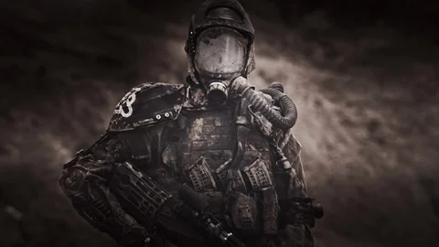 Apocalypse. A lonely warrior wanders through the wasteland. Stock Footage 95397117