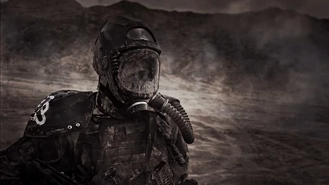 Apocalypse. A lonely warrior wanders through the wasteland. Stock Footage 95397208