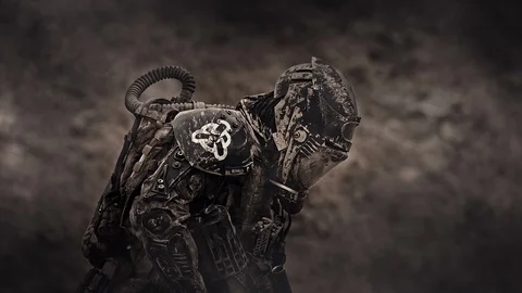 Apocalypse. A lonely warrior wanders through the wasteland. Stock Footage 95397331