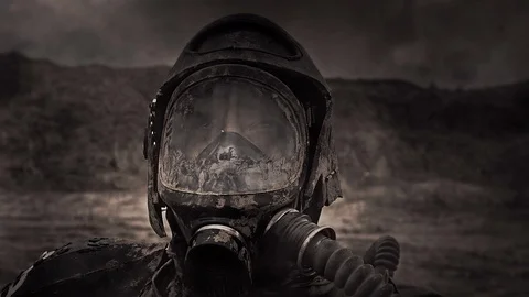 Apocalypse. A lonely warrior wanders through the wasteland. Stock Footage 95397447