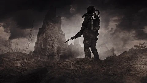 Apocalypse. A lonely warrior wanders through the wasteland. Stock Footage 95397484