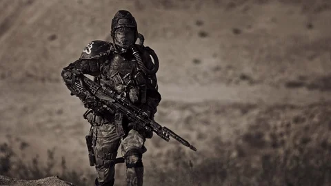 Apocalypse. A lonely warrior wanders through the wasteland. Stock Footage 95397699