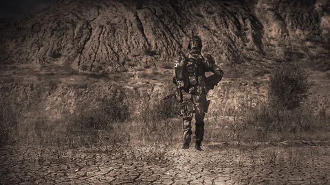 Apocalypse. A lonely warrior wanders through the wasteland. Stock Footage 95397888