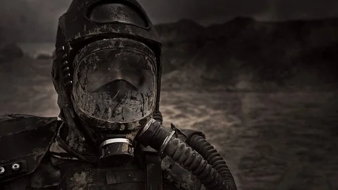 Apocalypse. A lonely warrior wanders through the wasteland. Stock Footage 95398088