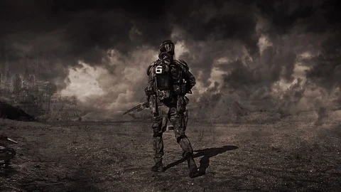 Apocalypse. A lonely warrior wanders through the wasteland. Stock Footage 95399278