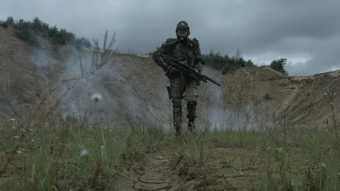 Apocalypse. A lonely warrior wanders through the wasteland. Stock Footage 95411220