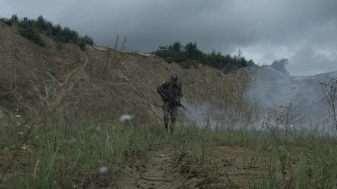 Apocalypse. A lonely warrior wanders through the wasteland. Stock Footage 95411427