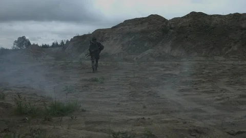 Apocalypse. A lonely warrior wanders through the wasteland. Stock Footage 95413260