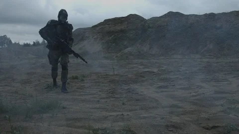 Apocalypse. A lonely warrior wanders through the wasteland. Stock Footage 95413840