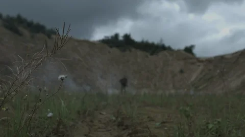 Apocalypse. A lonely warrior wanders through the wasteland. Stock Footage 95414157