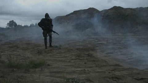 Apocalypse. A lonely warrior wanders through the wasteland. Stock Footage 95414236