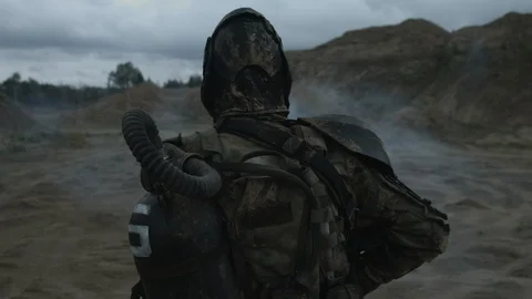 Apocalypse. A lonely warrior wanders through the wasteland. Stock Footage 95414440