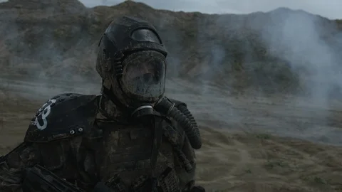 Apocalypse. A lonely warrior wanders through the wasteland. Stock Footage 95414536