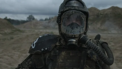 Apocalypse. A lonely warrior wanders through the wasteland. Stock Footage 95414652